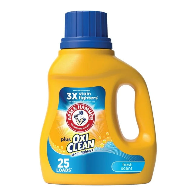 ARM &amp; HAMMER Plus OxiClean Detergente líquido para ropa antimanchas, aroma fresco, 32.5 onzas líquidas, 25 cargas