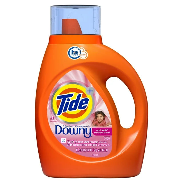 Tide Plus a Touch of Downy detergente líquido para ropa, fresco de abril, 34 onzas líquidas, 24 cargas, compatible con HE